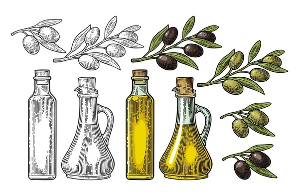 瓶玻璃油与软木塞子和树枝橄榄叶 手绘设计元素 复古色和黑色矢量雕刻插图为标识 在白色背景上被隔离 — 图库矢量图片