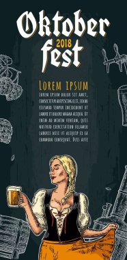 Poster oktoberfest festivaline. Kupa ile dans bir geleneksel Bavyera elbise dirndl giyen genç seksi kız. Vintage renk vektör illüstrasyon koyu arka plan üzerinde oyma.