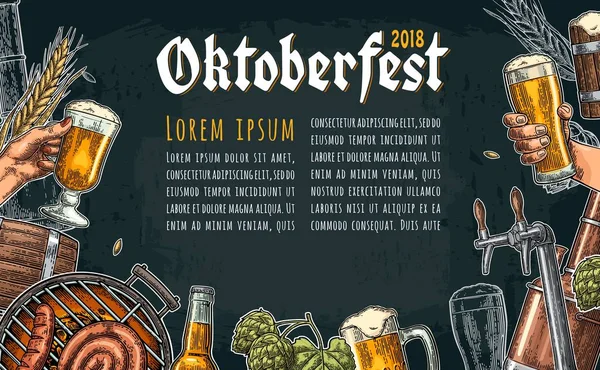 bira musluk, cam, şişe, hop, yaprak, varil, Erkek el ile ve. Yazı ışınları ile parti. Vintage vektör renk oyma çizim