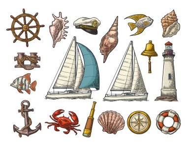 Deniz macera ayarlayın. Çapa, tekerlek, yat, pusula gül, spyglass, çan, lifebuoy, beyaz arka plan üzerinde izole deniz feneri. Vektör renk vintage oyma çizim. Poster yat kulübü ve dövme için