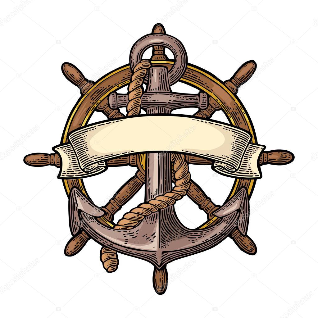 Anchor and sheep wheel with ribbon isolated on white background. Vector vintage engraving illustration with title SEA. Hand drawn in a graphic style.