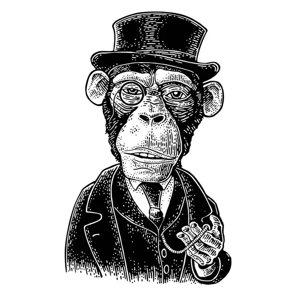 猿紳士時計を押し スーツ チョッキを着た ヴィンテージ黒ポスター用イラストを彫刻します 白い背景上に分離 ラベルやポスターの手描きデザイン要素 — ストックベクタ