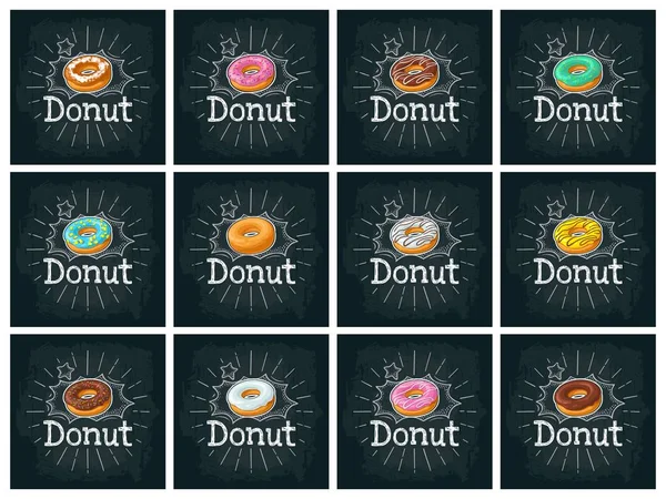 Ställ Donut Med Olika Glasyr Ränder Glasyr Och Strössel Färg — Stock vektor