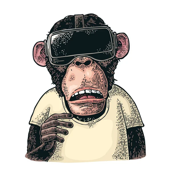 Mono Con Auriculares Realidad Virtual Camiseta Ilustración Grabado Color Vintage — Vector de stock