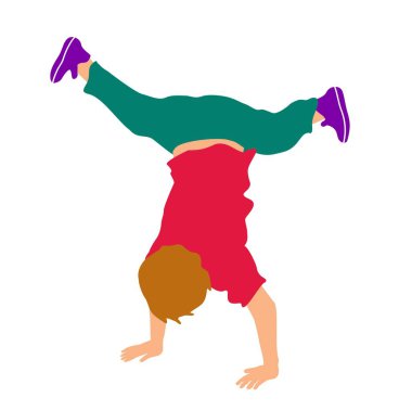 Çocuğu baş aşağı elleri. Renk vektör düz illüstrasyon izole beyaz arka plan üzerinde.