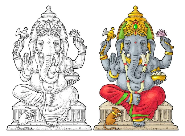 Ganpati 用鼠标为海报格涅沙 Chaturthi 雕刻复古矢量彩色插图 在白色背景下被隔离 手绘设计元素 — 图库矢量图片