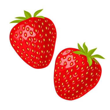 Tam ve dilimlenmiş çilek. Menü için vektör rengi düz resimleme, poster. Beyaz arkaplanda izole