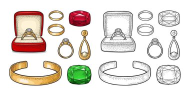 Takı seti. Bir hediye kutusu, inci, bilezik, zümrüt ve yakut değerli taş küpe elmas alyans. Vintage renk vektör illüstrasyon izole beyaz zemin üzerine oyma