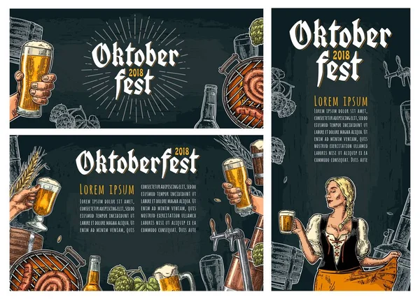 Τρεις αφίσα για Φεστιβάλ oktoberfest. Εκλεκτής ποιότητας διανυσματικά εικονογράφηση χαρακτική — Διανυσματικό Αρχείο