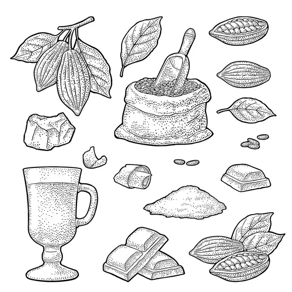 巧克力片 可可果与叶子和豆类 矢量复古黑色雕刻插图 在白色背景下被隔离 标签和海报手工绘制设计元素 — 图库矢量图片