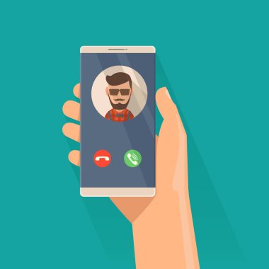 Ekranda gelen arama ile Smartphone tutan bir erkek. Düz illüstrasyon