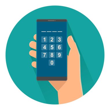 Dokunmadan ile smartphone tutan erkek sayıları ekran düğmeleri. Renk turkuaz yuvarlağına düz vektör illüstrasyon izole. Bilgi grafiği, afiş, sunumlar, web simgesi