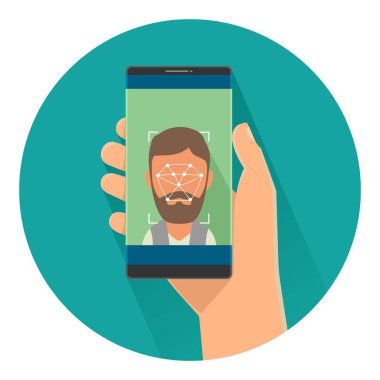 Telefon ekranında Smartphone ile lazer tarama için giriş kimliği yüz tutan bir erkek. Renk turkuaz yuvarlağına düz vektör illüstrasyon izole. Afiş, sunumlar, web simgesi kavramı gizlilik, emniyet için