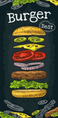 Malzemeler uçan ile Burger dahil topuz, domates, salata, peynir, soğan, salatalık. En iyi burger yazı. Renk vintage oyma illüstrasyon izole koyu arka plan vektör. Dikey poster