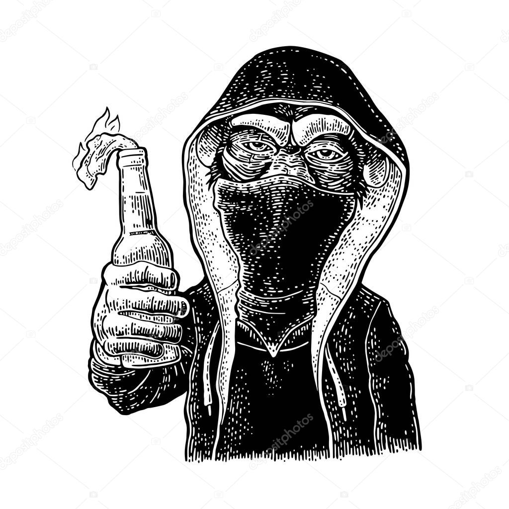 Monkey dressed in the hoodie and bandana holding molotov cocktail with gasoline and rag wick. Vintage black engraving illustration. Isolated on white background. Hand drawn design element for poster
