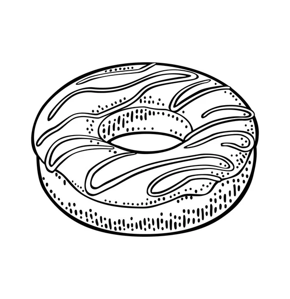 Donut Mit Weißem Zuckerguss Und Schokoladenstreifen Vektor Schwarze Handgezeichnete Vintage — Stockvektor