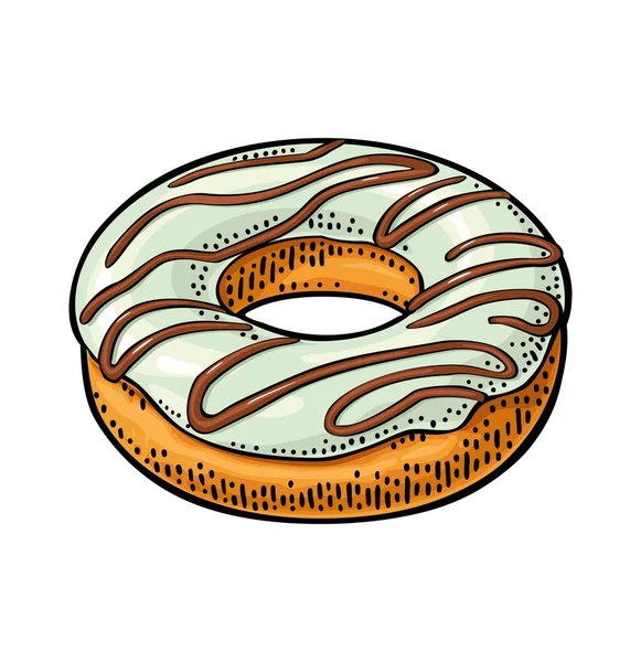 Donut Com Cobertura Branca Listras Chocolate Vector Cor Mão Desenhada —  Vetores de Stock