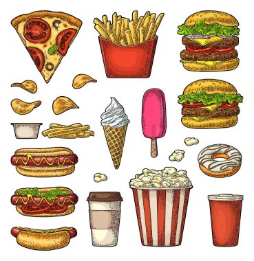 Set fast food. Cup cola, coffee, hamburger, pizza, hotdog, fry potato, carton bucket popcorn, ketchup, donut, ice cream, popsicle, chips. Vector vintage color engraving illustration isolated on white clipart
