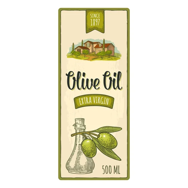 Template Olive Label Bottle Jug Glass Liquid Cork Stopper Branch — Stock Vector