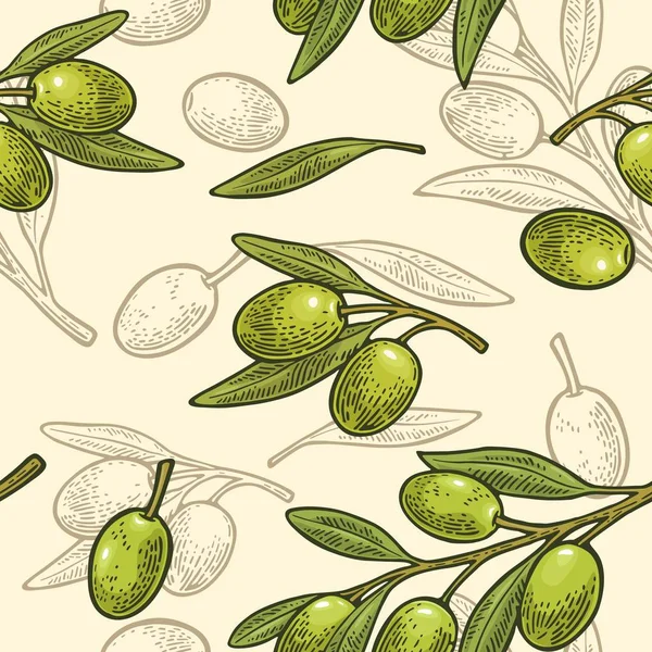 Olive Modello Senza Cuciture Ramo Con Foglie Elemento Design Disegnato — Vettoriale Stock