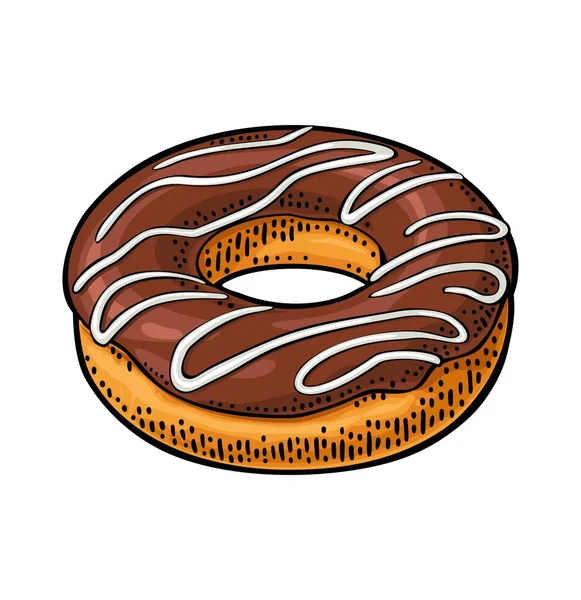 Donut Mit Schokoladenglasur Und Weißen Streifen Vektor Farbe Handgezeichnete Vintage — Stockvektor