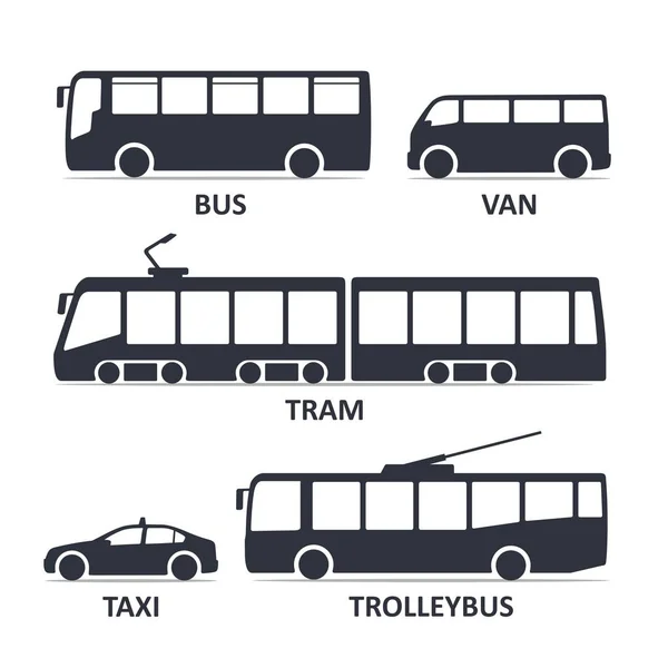 Nastavení Ikony Typu Veřejné Dopravy Autobus Van Taxi Tramvaj Trolejbus — Stockový vektor