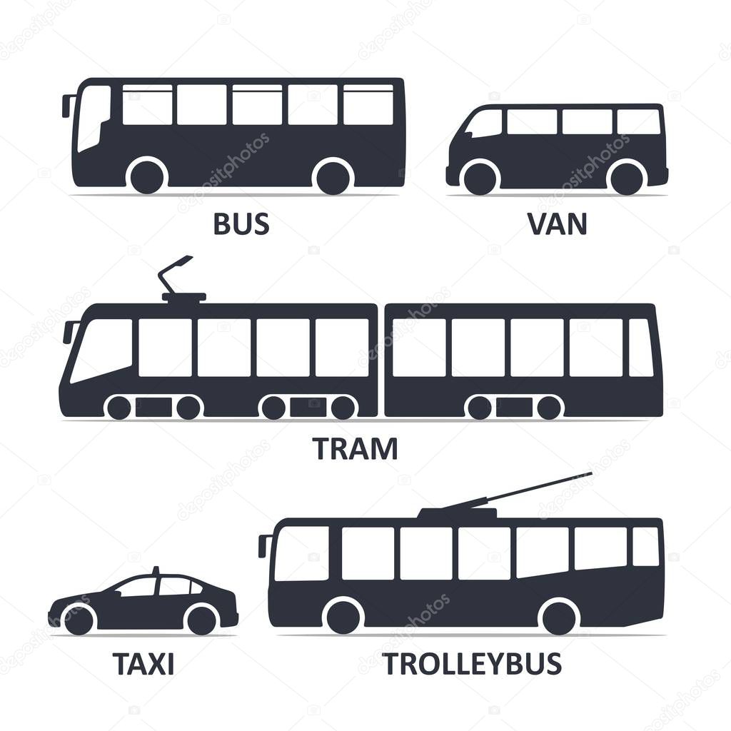 public transport type icons set. Bus, Van, Tram, Taxi, Trolleybus. Vector black illustration isolated on white background with title. Variants of car body silhouette for web.