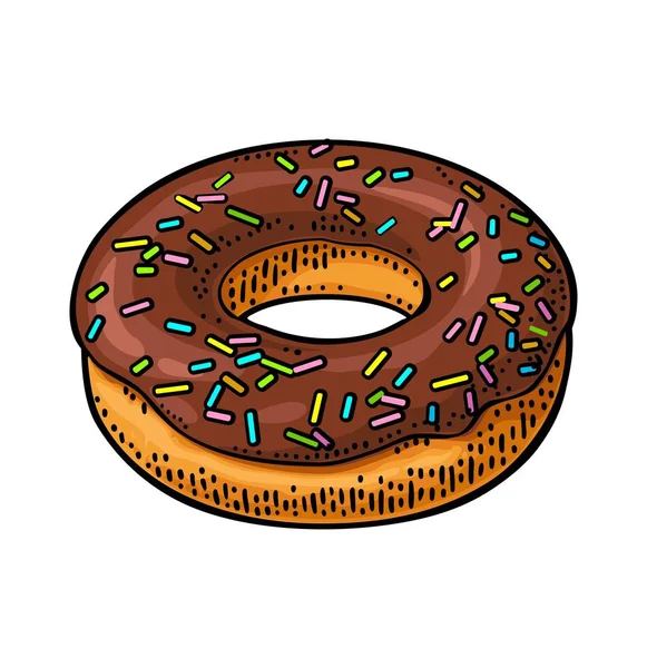 Donut Mit Schokoladenglasur Und Bunten Streusel Vektor Farbe Handgezeichnete Vintage — Stockvektor