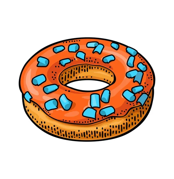 Çörek kırmızı buzlanma ve Camgöbeği sprinkles. Vektör renk düz Gösterim amacıyla poster ve menü pastane dükkanı. Siyah kara tahta oyma ray, yazı, kabarcık vintage beyaz tebeşir ile izole