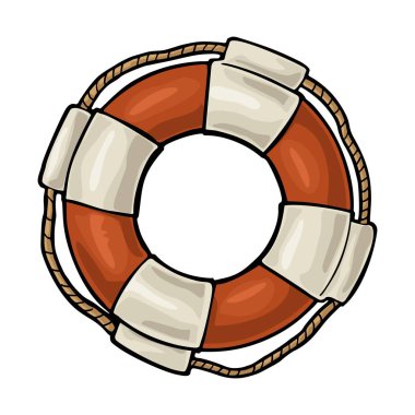 Lifebuoy beyaz arka plan üzerinde izole ip ile. Dövme, web ve etiket için vektör renk vintage çizim. Elle çizilmiş bir grafik stili.