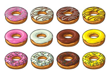 Farklı buzlanma, sır, çizgili, sprinkles ile çörek ayarla. Gösterim amacıyla poster, etiket ve menü ekmek salonu oyma vektör renk el çekilmiş vintage. Beyaz arka plan üzerinde izole.