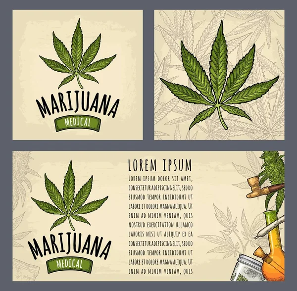 Ustaw Szablon Plakaty Marihuany Papierosy Rury Zapalniczki Pąków Liści Butelka — Wektor stockowy