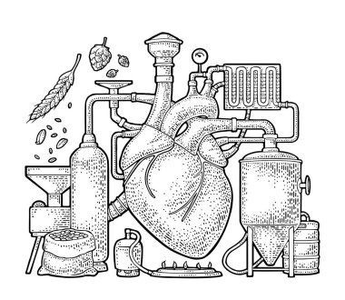 Tanklar, kulak, atlama, brülör ile fabrika bira süreci. Üretim merkezi kalbinde. Beyaz arka plan üzerinde izole. Vintage vektör resmi web, poster, etiket zanaat bira için oyma