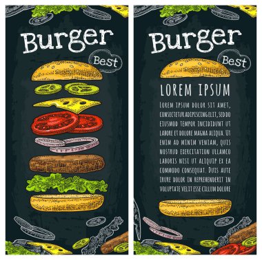 Malzemeler uçan ile Burger dahil topuz, domates, salata, peynir, soğan, salatalık. En iyi burger yazı. Koyu arka plan üzerinde renkli vintage oyma illüstrasyon vektör. Dikey şablon menü