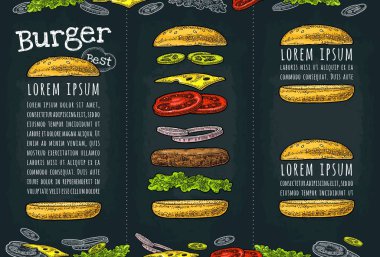Malzemeler beyaz arka plan üzerinde uçan ile Burger. Vektör siyah vintage oyma