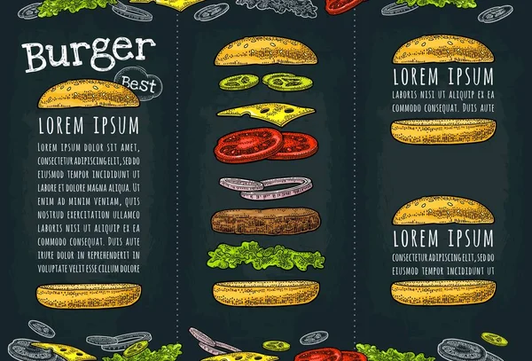 Burger repülés összetevőket, fehér háttér. Vektor fekete vintage gravírozás — Stock Vector