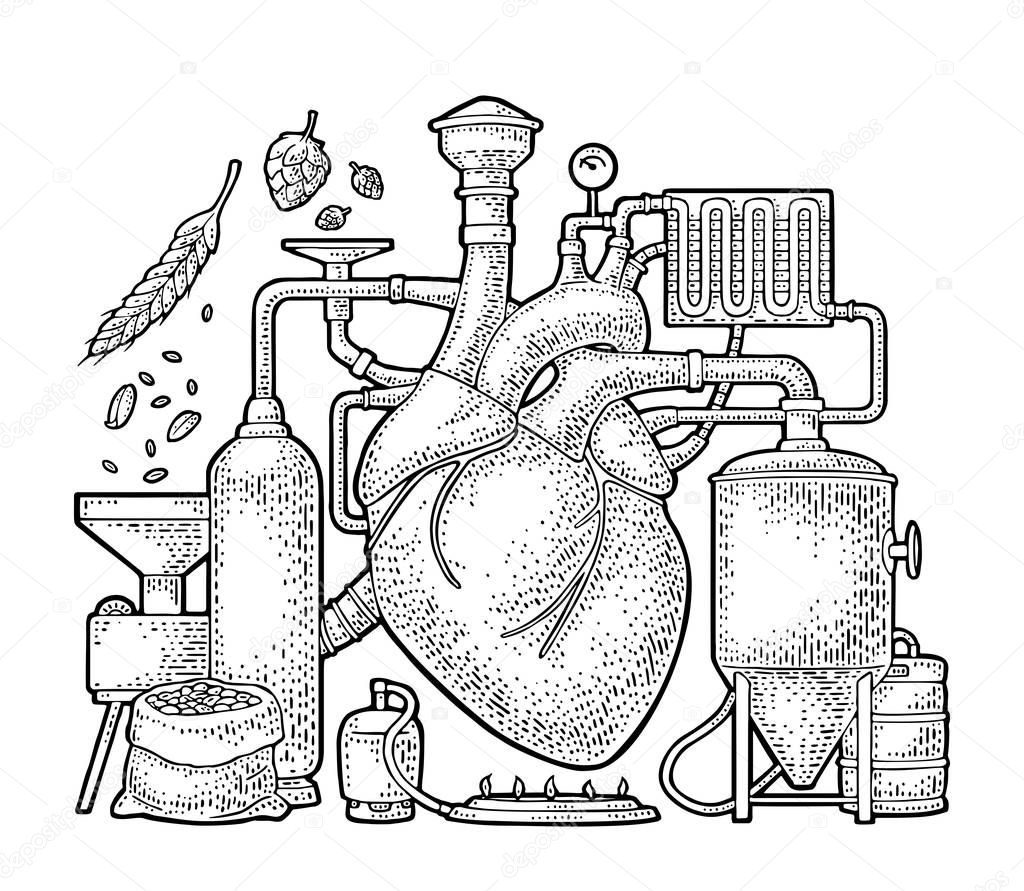 Brewery process on factory with tanks, ear, hops, burner. Heart in the center of the production. Isolated on white background. Vintage vector engraving illustration for web, poster, label craft beer