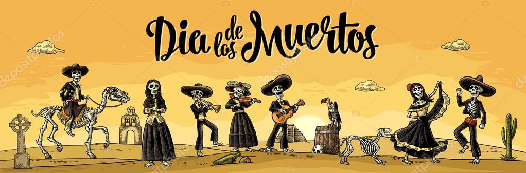 Dia de los Muertos lettering. The skeleton in the Mexican national costumes dance, sing, play the guitar, violin, trumpet. Vector vintage engraving. Panorama desert with cactus and sunset with cloud — Stock Illustration Dia Los Muertos Lettering Skeleton Mexican National Costumes Dance Sing Royalty Free Stock Illustrations