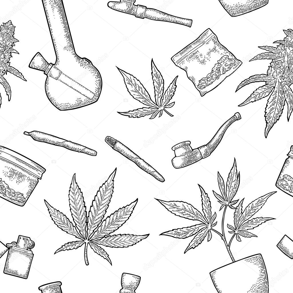 Seamless pattern with marijuana leaf. Vintage black vector engraving illustration
