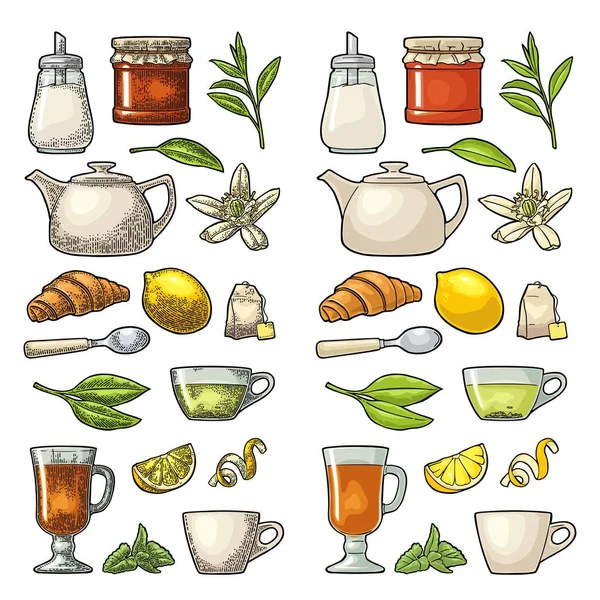 Taza de té y rama con hojas. Grabado vectorial vintage — Vector de stock
