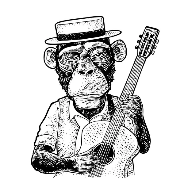 Macaco vestido chapéu e camisa segurando guitarra. Gravura — Vetor de Stock