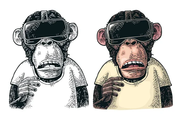 Macaco Vestindo Fone Ouvido Realidade Virtual Shirt Vintage Cor Gravura — Vetor de Stock