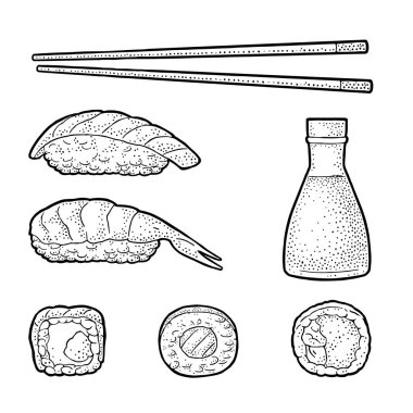 Suşi ayarlayın. Yemek çubukları, wasabi, nigiri, rulo, soya sosu cam şişede. Beyaz arka plan üzerinde izole. Vintage siyah vektör oyma
