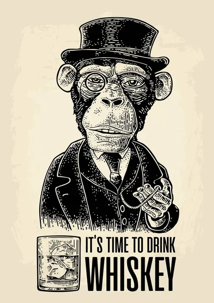 Cavalheiro Macaco Segurando Relógio Bolso Antigo Vestido Com Chapéu Terno —  Vetores de Stock
