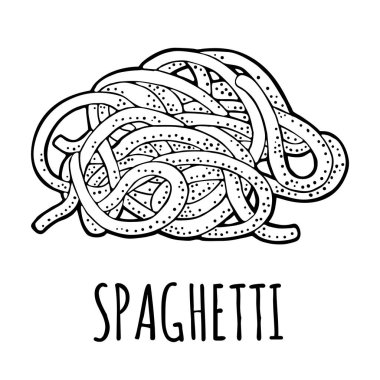Spagetti. Vektör vintage siyah illüstrasyon izole beyaz zemin üzerine oyma. Elle çizilmiş tasarım öğesi