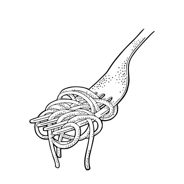 Des Spaghettis Fourchette Gravure Vectorielle Vintage Illustration Noire Isolée Sur — Image vectorielle