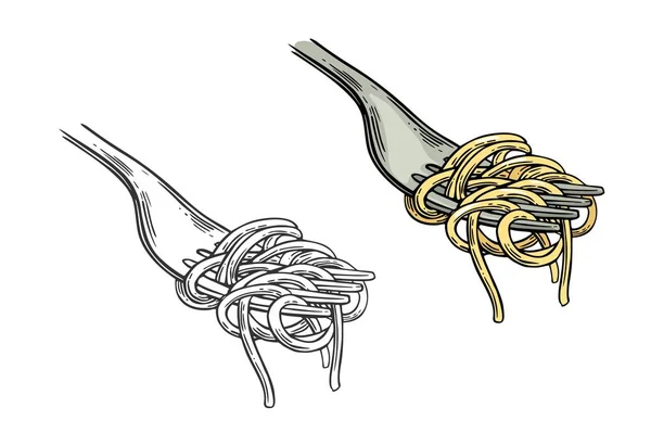 Спагетти Вилке Векторная Винтажная Гравировка Цвета Черная Иллюстрация Изолированы Белом — стоковый вектор