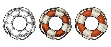 Lifebuoy beyaz arka plan üzerinde izole ip ile. Vektör renk vintage dövme, web ve etiket için illüstrasyon oyma. Elle çizilmiş bir grafik stili.