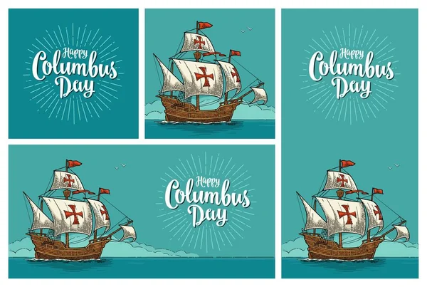 Affiches Voor Gelukkige Dag Van Columbus Zeilschip Drijvend Golven Van — Stockvector