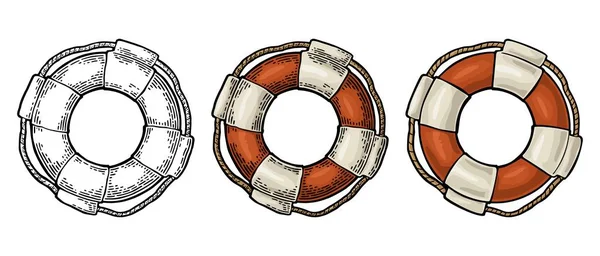 用绳子孤立在白色背景上的救生圈 矢量彩色复古雕刻图纹身 Web 和标签 手工绘制的图形样式 — 图库矢量图片